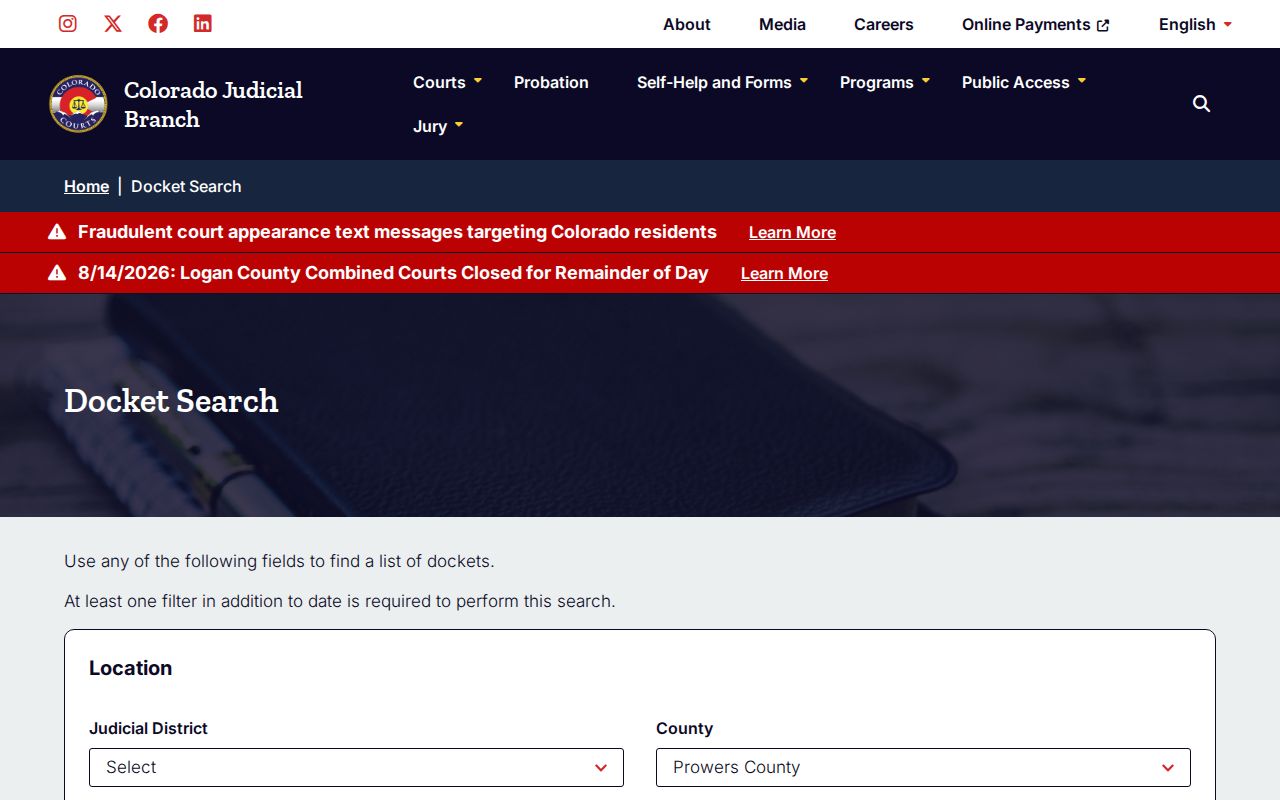 Prowers County case lookup fields on the free state docket