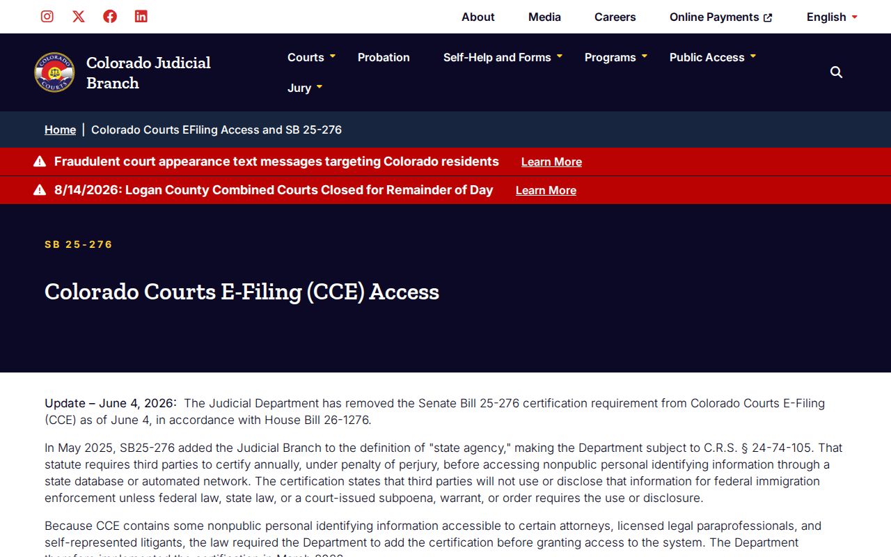 Prowers County case lookup context for the 2026 e-filing access update