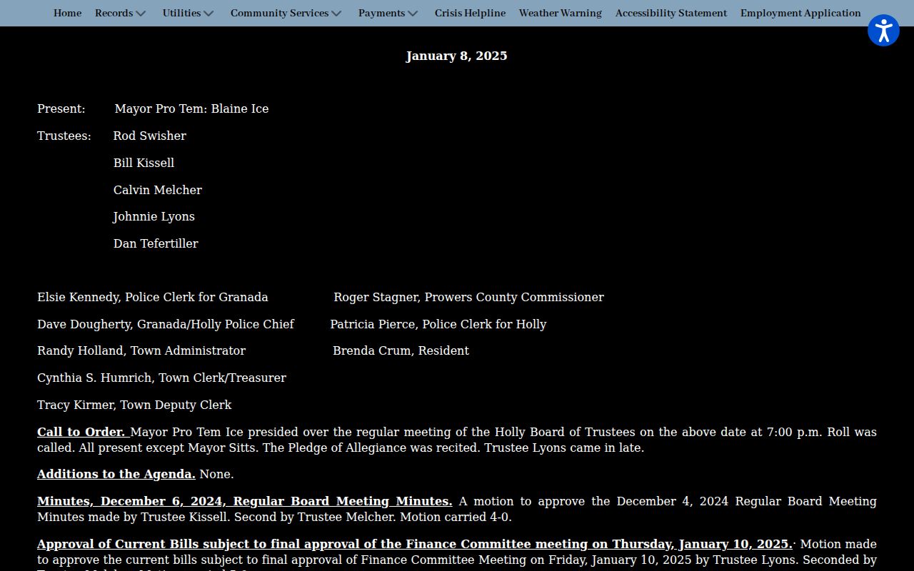 Prowers County court calendar source for Holly municipal settings