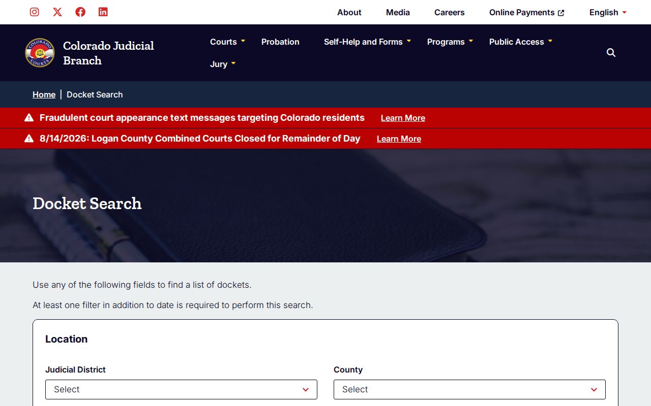 Prowers County court calendar search interface