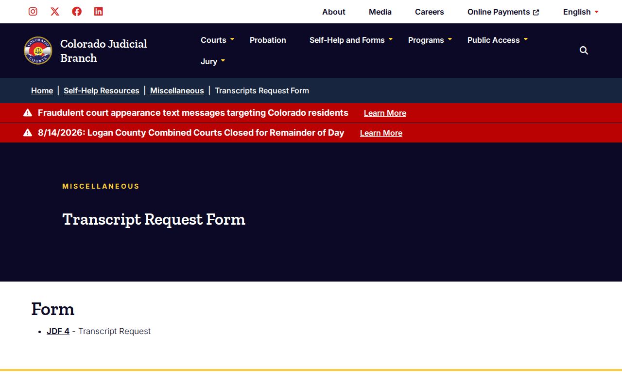 Prowers County court record JDF 4 transcript request page