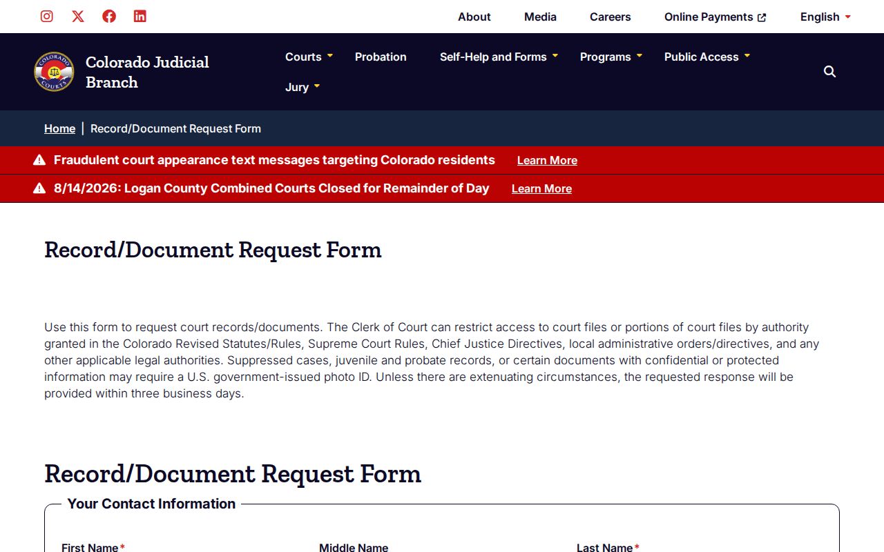 Prowers County court record request form