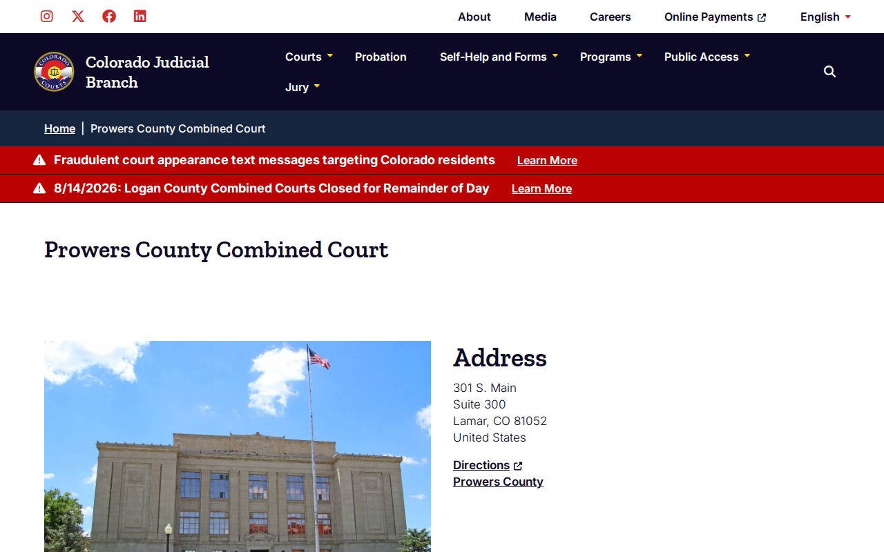 Prowers County court docket clerk address and public hours