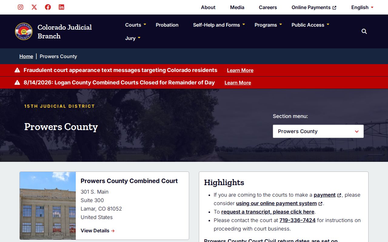 Prowers County court docket page for the Combined Court