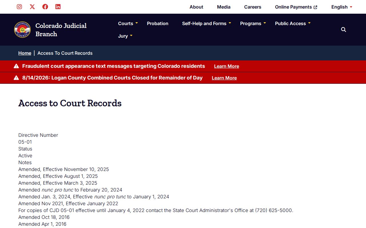 Prowers County court record access under CJD 05-01